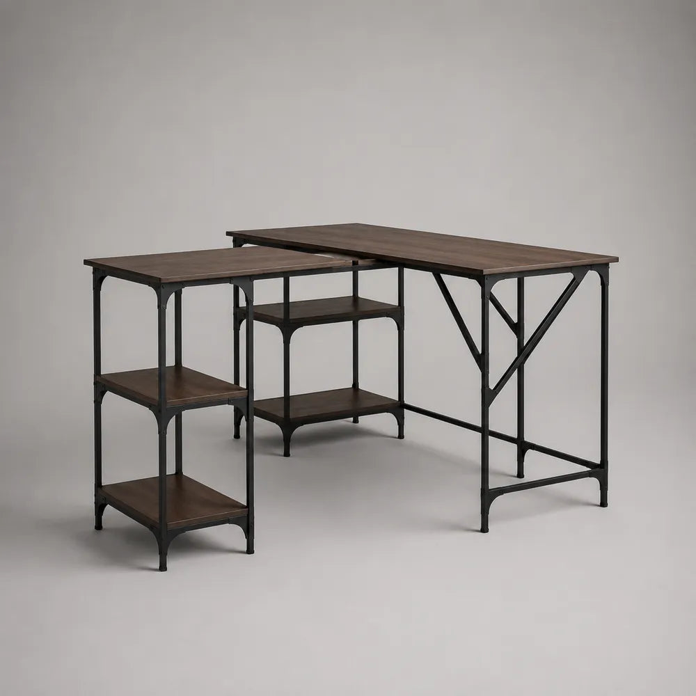 Bureau d'angle en MDF effet bois foncé avec étagères latérales et structure acier noir 150 x 120 x 75 cm