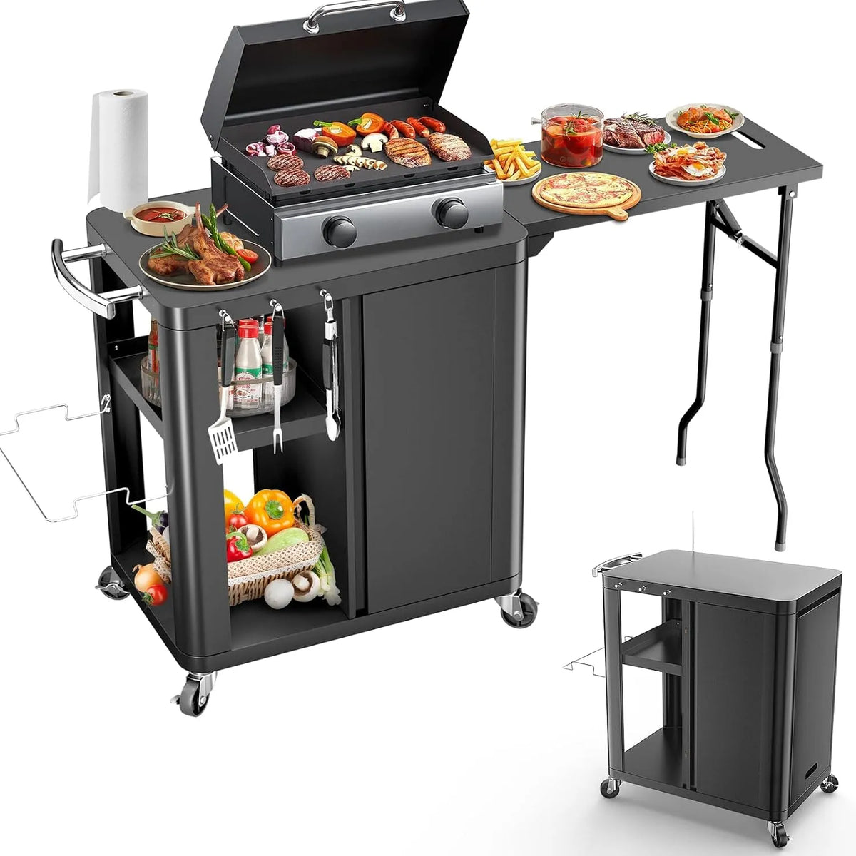 Barbecue GFTIME Chariot de, table de avec table d'appoint pliable, étagère de rangement et armoire, cuisine d'extérieur avec crochets