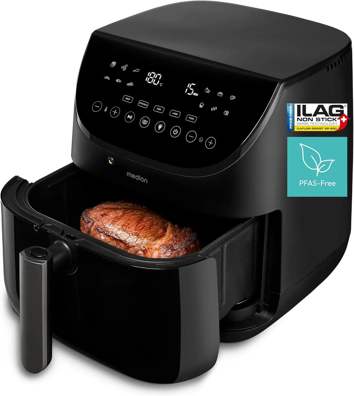 Friteuse à air chaud X20 MEDION XL, moteur DC silencieux 1.700W, capacité 6,6L, sans PFAS, 5 programmes viande avec sonde de température, ILAG