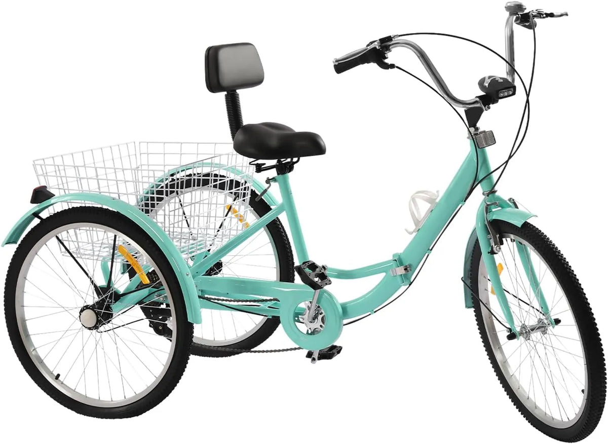 De 24 pouces pour adultes Tricycle pliable, tricycle à 7 niveaux de vitesse avec panier et dossier, frein en V, et frein de maintien, pour hommes