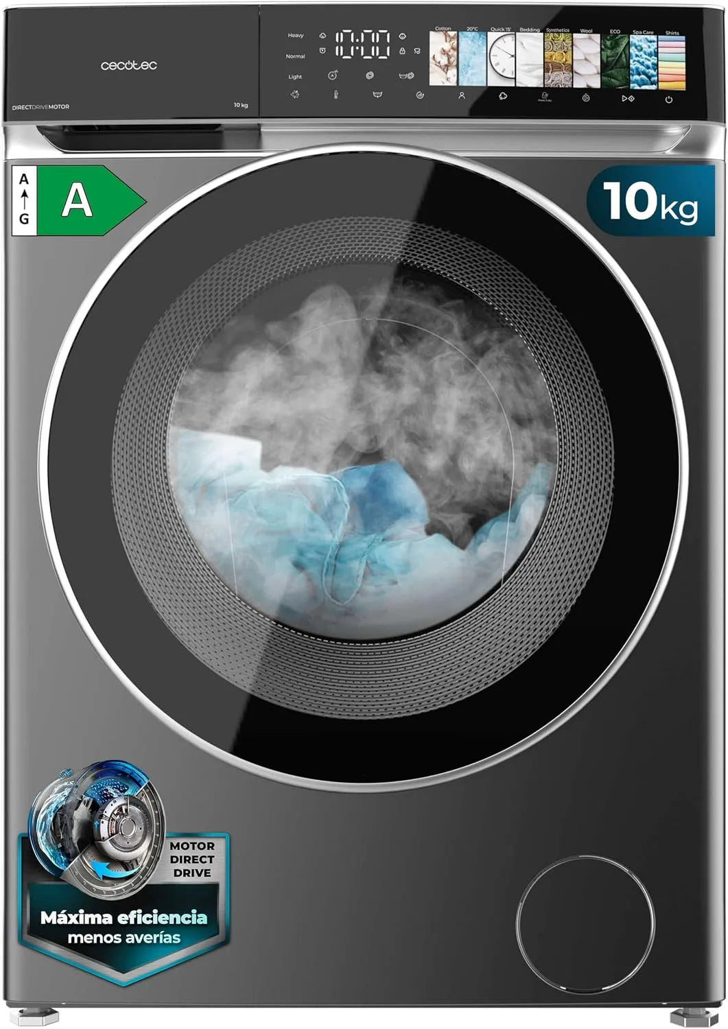 Cecotec lave-linge 10970, Fonction Vapeur, poids 10Kg à à chargement frontal Bolero DressCode Direct Drive Steel 1400RPM, 11 Programmes