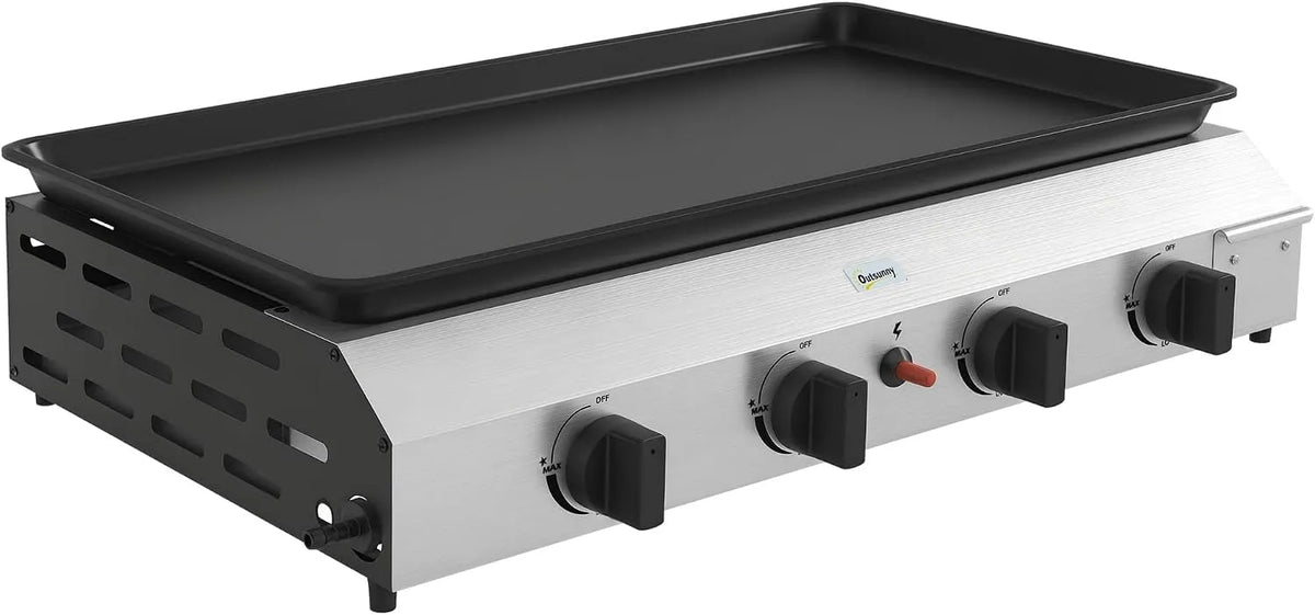 Outsunny plaque de cuisson, Plancha gaz en acier inox émaillé de cuisson 4 brûleurs 9,6 kW antiadhésive grande surface de cuisson 73L x 34l cm