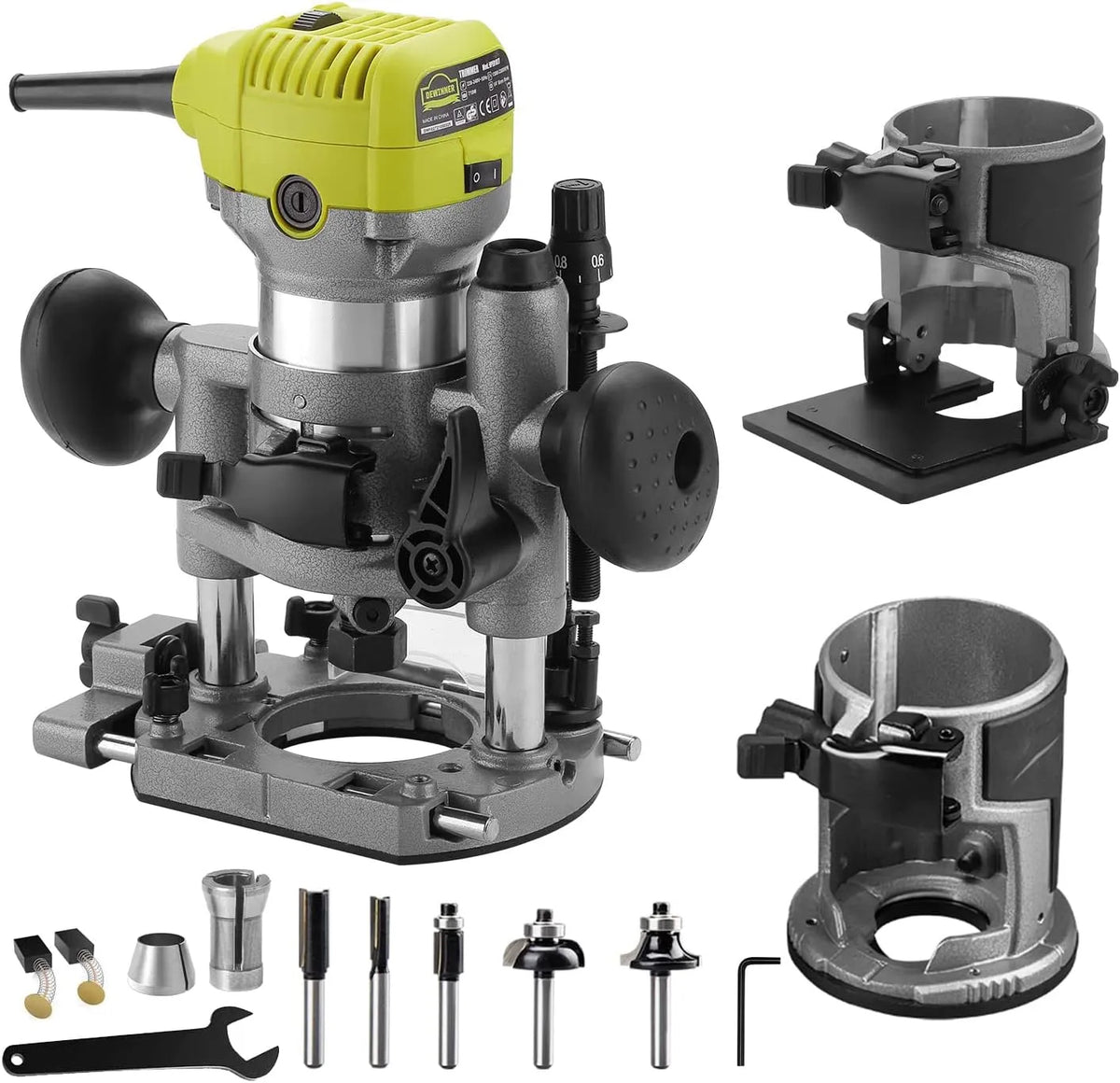 Tronçonneuse, DEWINNER Défonceuse électrique Compacte 220V 710W, 3 Bases Incluses, 3 Pinces de 1/4', 6mm et 8mm, 5 Fraises au Carbure