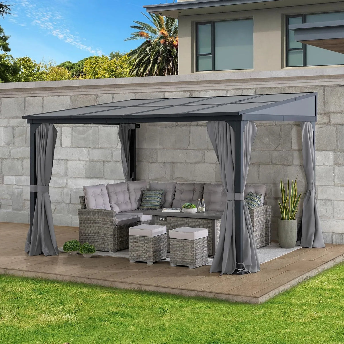 Murale 3 x SUNJOY Tonnelle, Poteaux Épaissis de 8 cm, Toit en Polycarbonate, avec Rideaux d'Intimité & Moustiquaires, Structure en Aluminium
