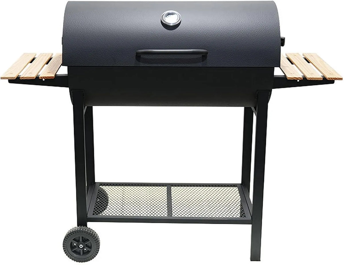 Barbecue, étagères multizones et nettoyage facile Cadre en métal et étagères en bois massif Surface de travail double face à roulettes black