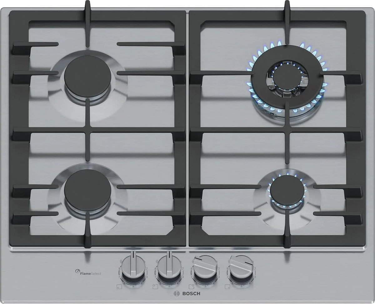 Bosch plaque de cuisson PCH6A5I90, Série 6, à gaz, largeur 60 cm, Acier, FlameSelect, Poignées magnétiques amovibles, WOK, Grilles en fonte, Inox