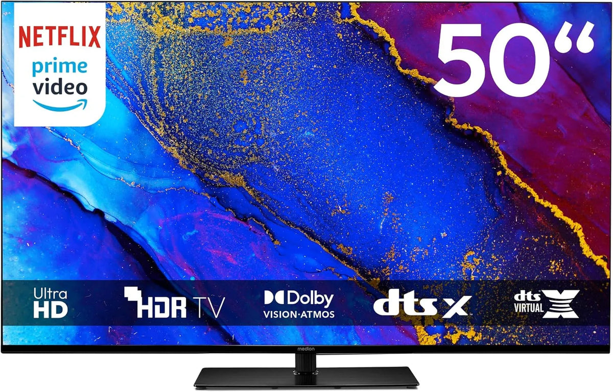 Smart TV 850400, MEDION TV 50 Pouces, largeur 125,7cm, 4K, Television, Dolby Vision HDR, Prime Video, Disney+, Dolby Atmos