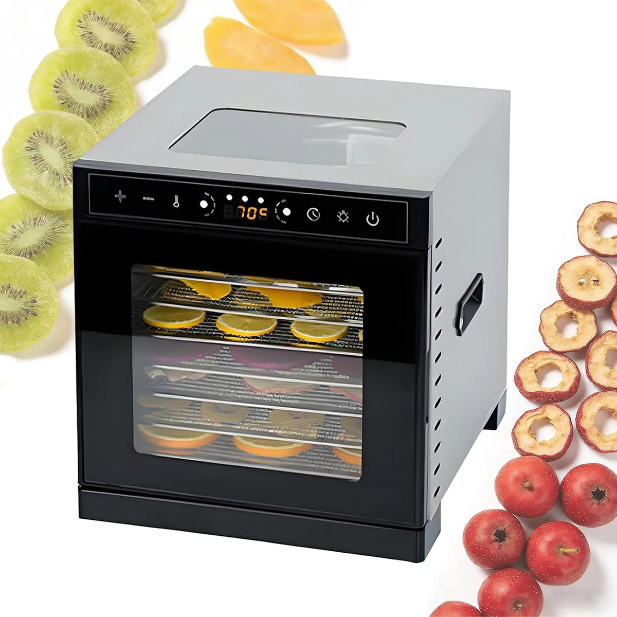Déshydrateur alimentaire 6Plates, avec Porte VitréE Et Hublot SupéRieur, Plateaux en Acier Inoxydable, ArrêT Automatique