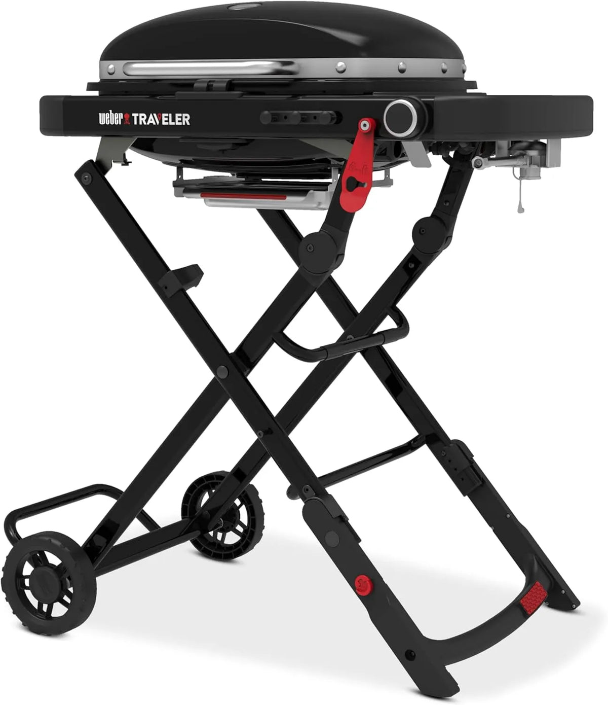 Barbecue à gaz Weber, surface de cuisson 52 x 36 cm, 1 brûleur, Traveler Compact, Conception pliable et portable monté sur roues, finition noire