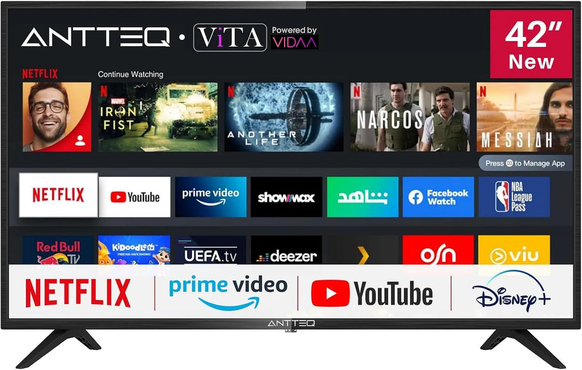 Smart TV AV42F3 DVB-T2 Antteq, 42 Pouces 2K D-LED, largeur 106 cm, S2, Téléviseur avec Netflix, Prime Video, Molotov TV, Disney+, Youtube