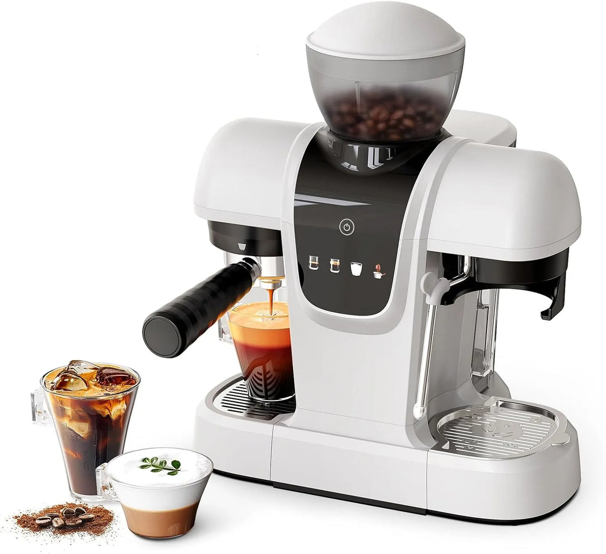 Machine à café, 2 en 1 pour café moulu, panneau tactile, finition blanche, Machine à expresso 19 bars avec moulin à haricots, réservoir d'eau amovible