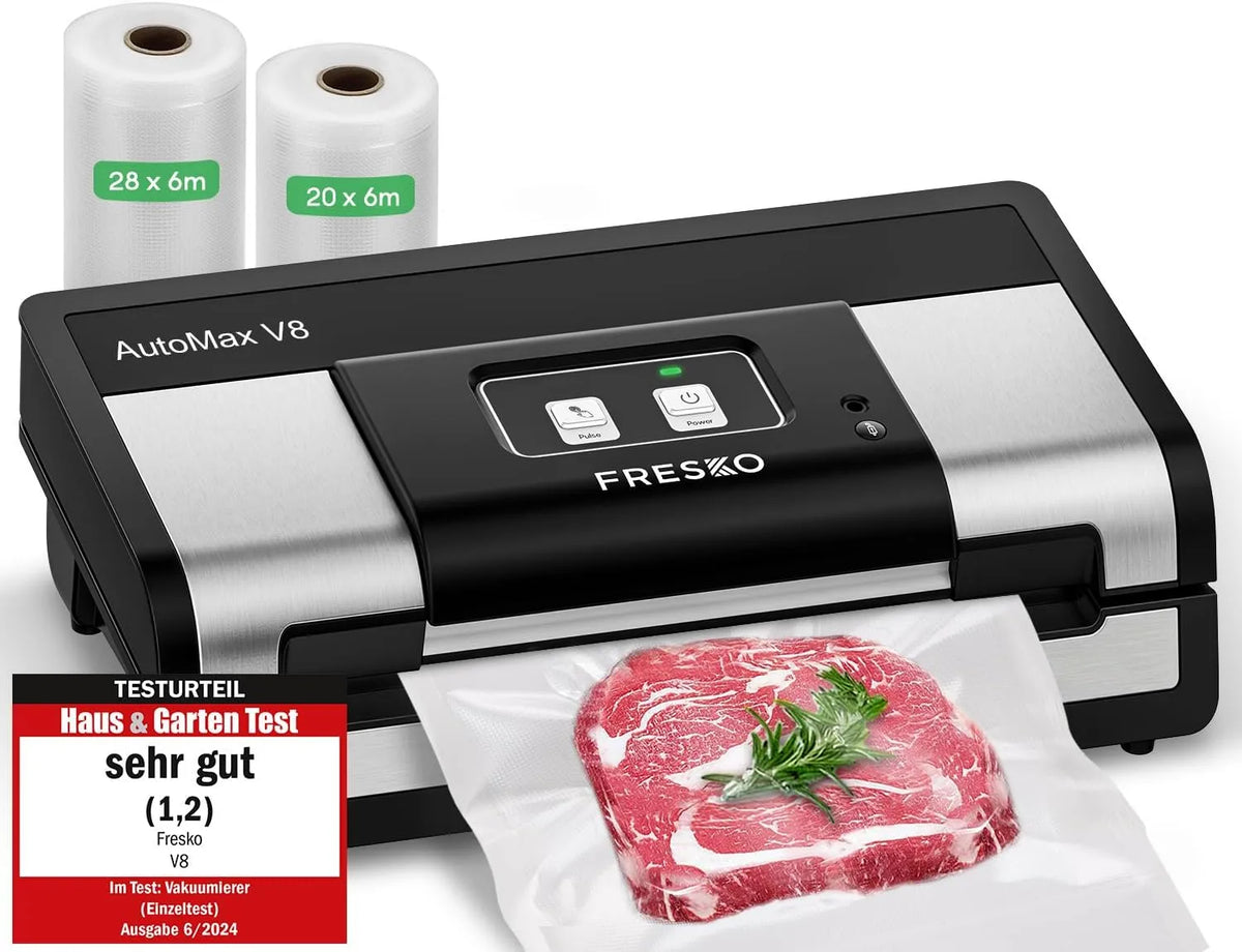 Machine Sous Vide Alimentaire FRESKO Automatique, 140 Watts, Sac à 2 Rouleaux, AutoMax V8, Détection Sec, Humide, coupeur intégré et rangement du sac