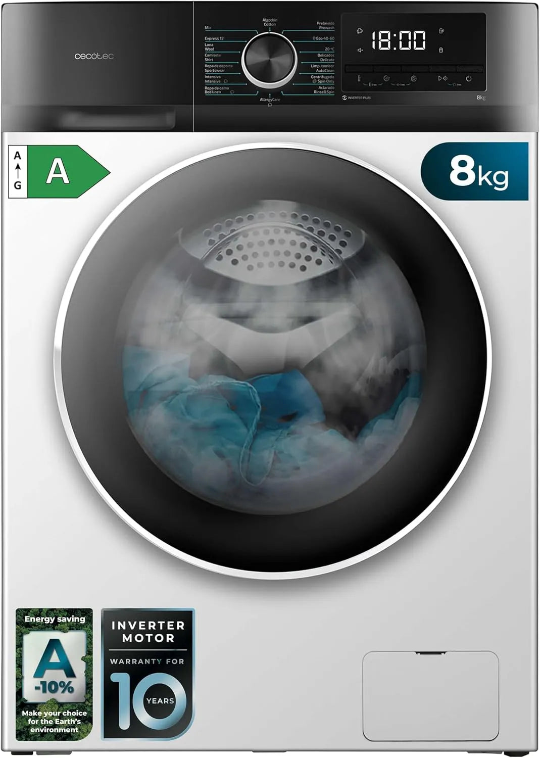 Cecotec lave-linge 8500, 1400 rpm, Moteur Inverter Plus, SteamMax, finition blanche, 16 Programmes, Basse Consommation, Delay Start