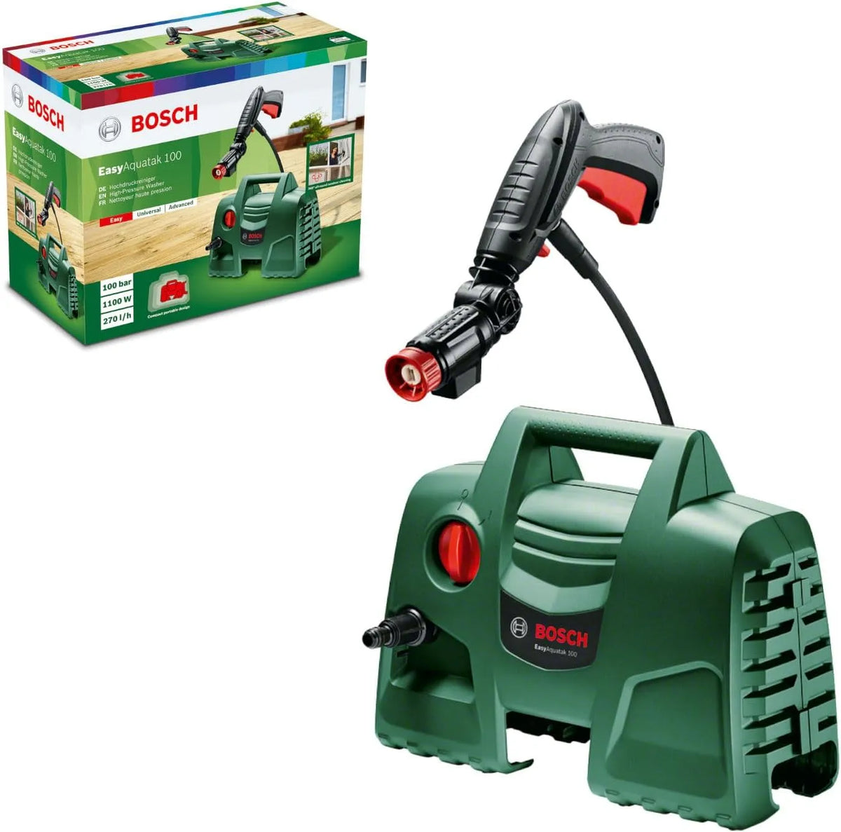 Bosch, débit Maxi: 270 l/h, Nettoyeur Haute-Pression EasyAquatak 100, Buse à 360° avec réservoir de détergent, puissance 1100 W, Flexible de 3 m