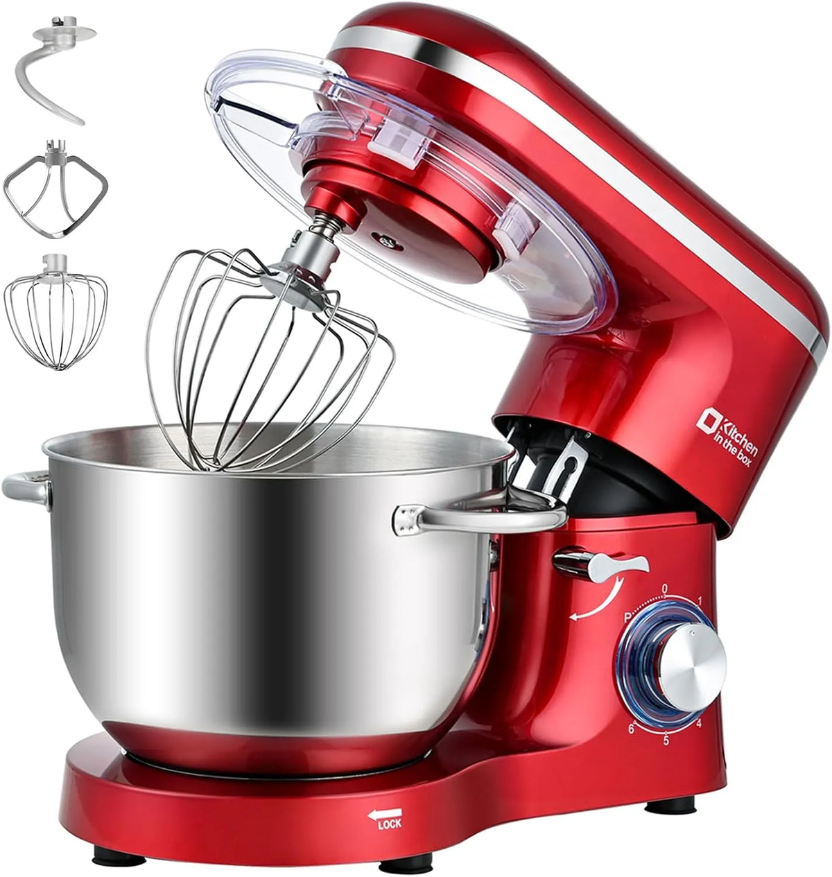 Robot pâtissier, Kitchen in the box 1400W, 6 niveaux de vitesse, Bol 6,2L en Acier Inoxydable, 6 niveaux de vitesse, puissance 1400W, Fouet, Rouge