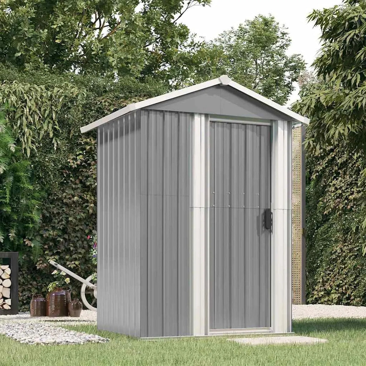 Abri de jardin, Armoire de jardin pour balcon, Acier galvanisé, finition grise, dimensions 126 x 97,5 x 177 cm, en métal avec espace de rangement