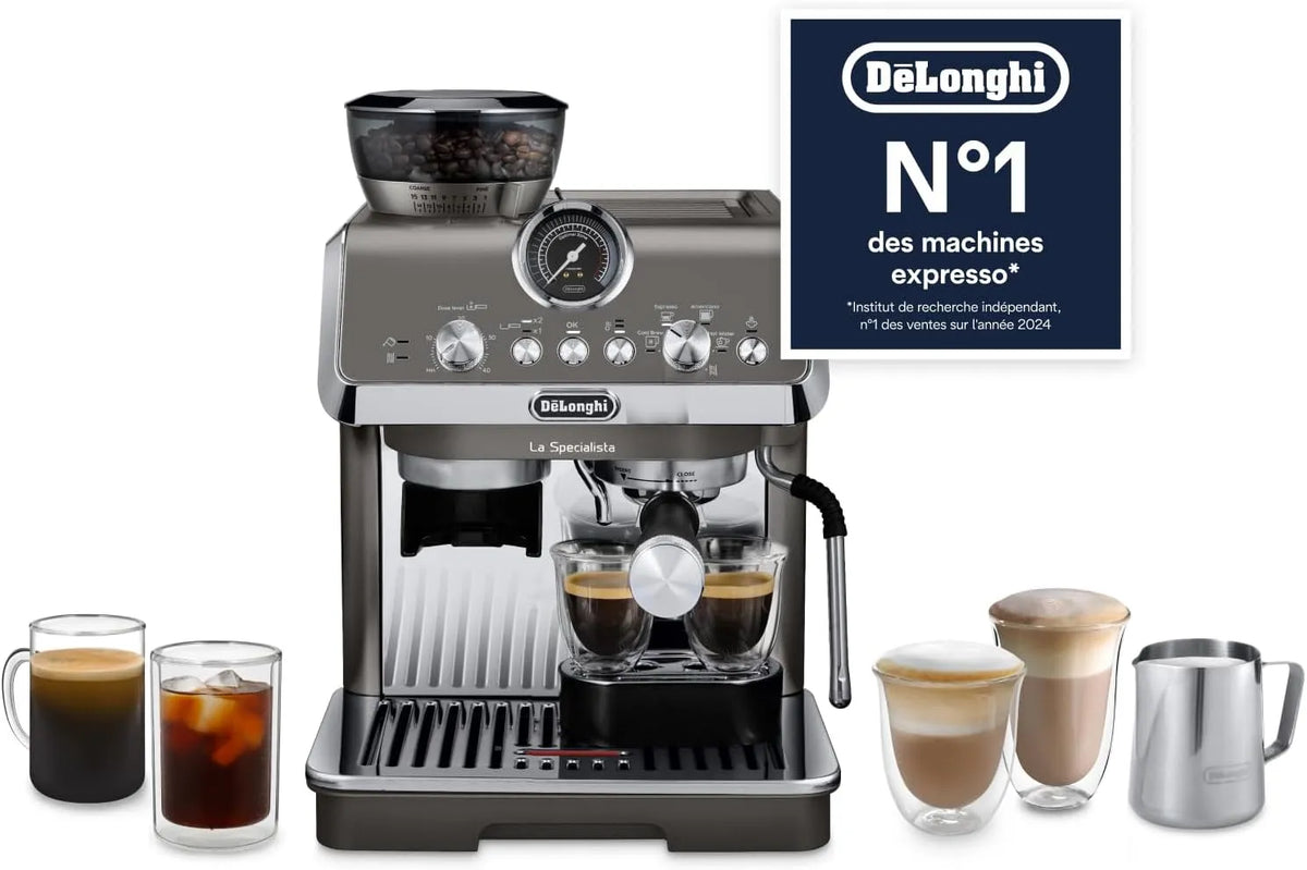 De'Longhi machine à café EC9255.T, La Specialista Arte Evo en Grains Manuelle avec Fonction Cold Brew, puissance 1450W, Inclus Kit de Barista, Titane
