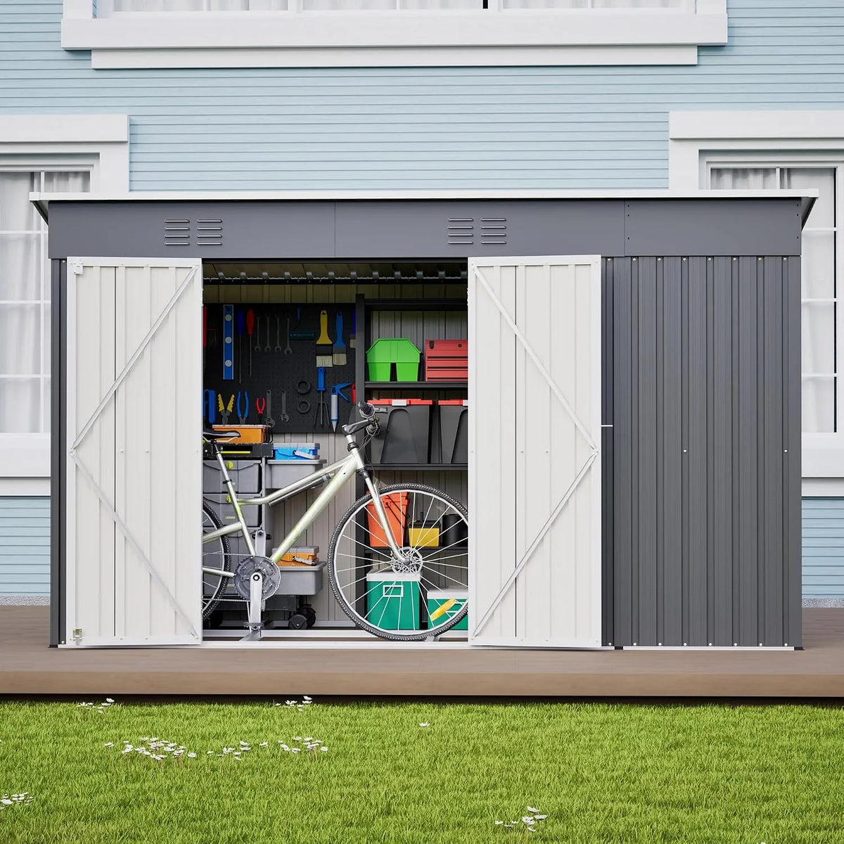 Abri de jardin, dimensions 311 x 123 x 181 cm, 10 x 4 ft, en métal, outils de jardin et plus encore, Avec double porte et ventilation, finition grise