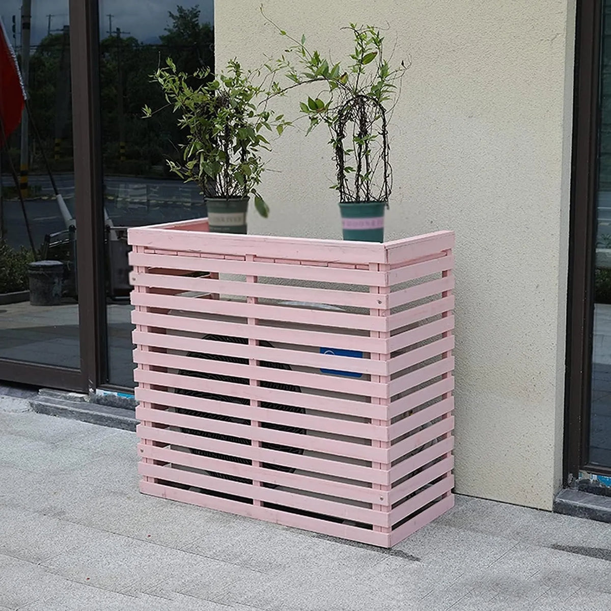 Climatiseur Cache, dimensions 85 x 80 x 35 cm, en Bois, Paravent autoportant à 3 Panneaux, Design Rose élégant, à persiennes, extérieure