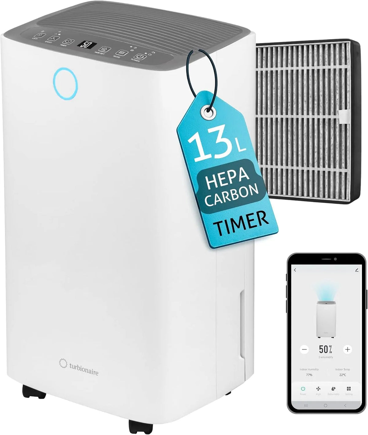 Déshumidificateur, Turbionaire Senso 13 WiFi, et Purificateur d'Air 2-en-1, 13 L, Jusqu'à 30 m², Séchage Vêtements, Jour, HEPA + Charbon Actif