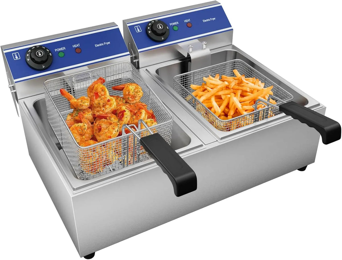 220V-240V TAIMIKO Friteuse, électrique commerciale 2 réservoir en acier inoxydable 3000W*2 Thermostat 60-200 °C
