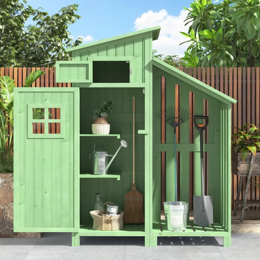 Abri à outils, Dimensions: 124 x 46 x 174 cm, abri de jardin, vert, armoire de jardin, abri en bois, convient également pour les petits jardins