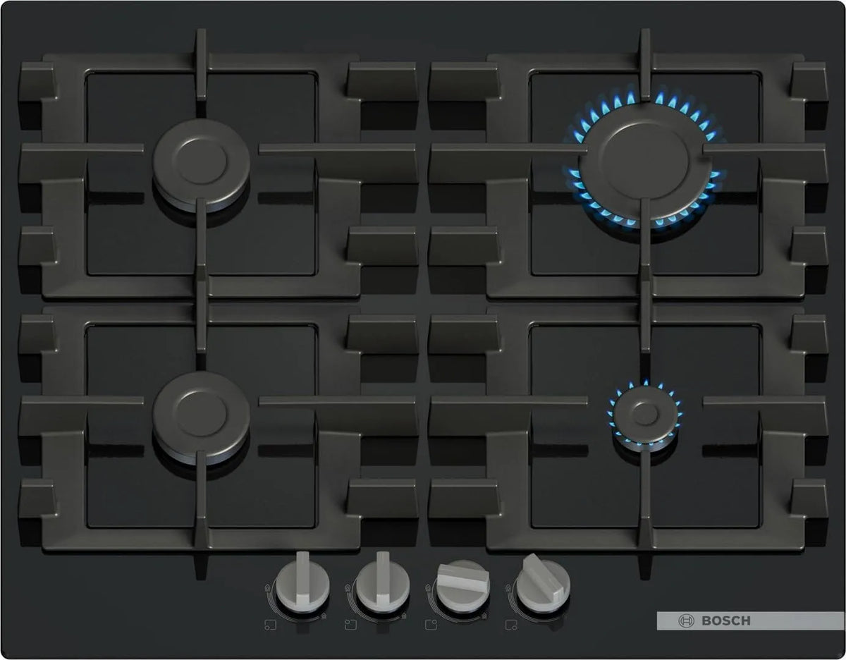 Bosch plaque de cuisson PNP6B6K40, Série 4, à gaz, grilles en fonte lavables au lave-vaisselle, largeur 60 cm, verre trempé, finition noire