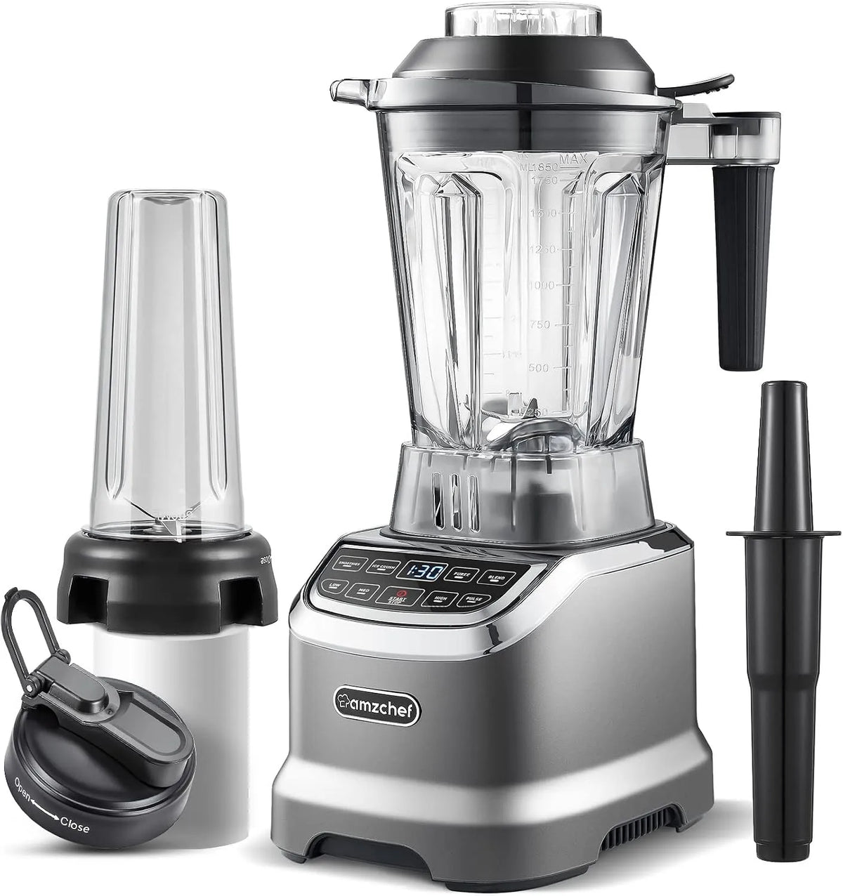 Blender, AMZCHEF 2-EN-1 Mixeur 1800W, Mixeur Puissant avec Pro-Blend 6 Lames 22000 Tr/Min, finition grise