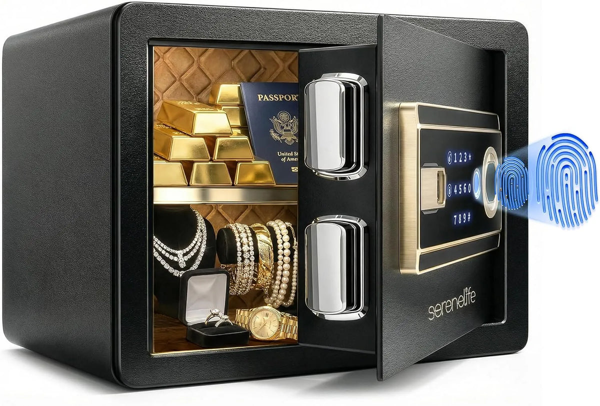 Coffre-fort SereneLife, Inclut 2 Clés Maîtresses, C -Fort pour Maison, Acier, Accès Électronique par Empreinte Digitale, Clavier Tactile & Serrure