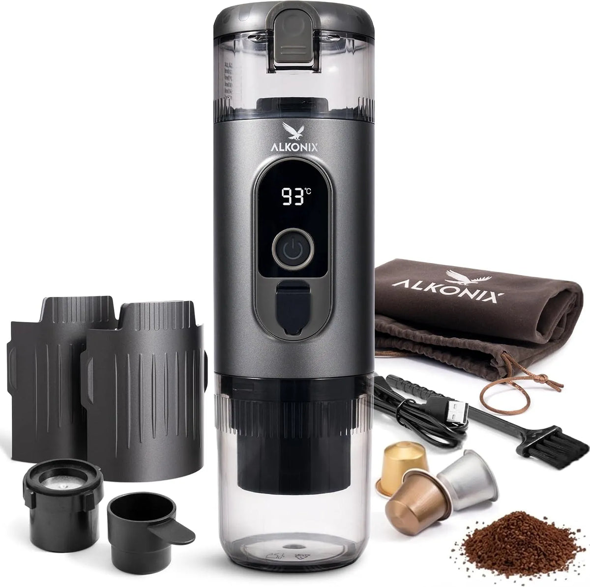 Machine à café, Portable USB-C, Chauffe Intégrée, Cafetière Nomade Espresso Rechargeable avec 2 Batteries Amovibles, finition grise