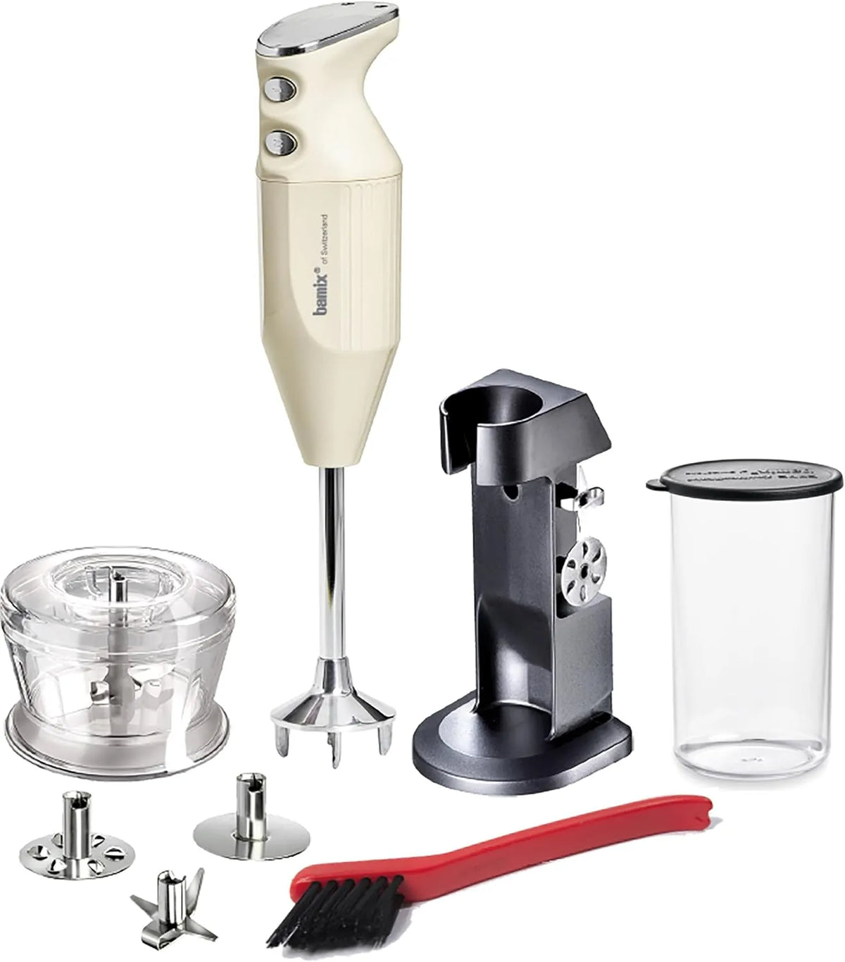 Mixeur M200 bamix Set, 3 embouts, récipient, brosse de nettoyage, chrome, puissance 200 W, plongeant Chef's favorite avec support, hachoir