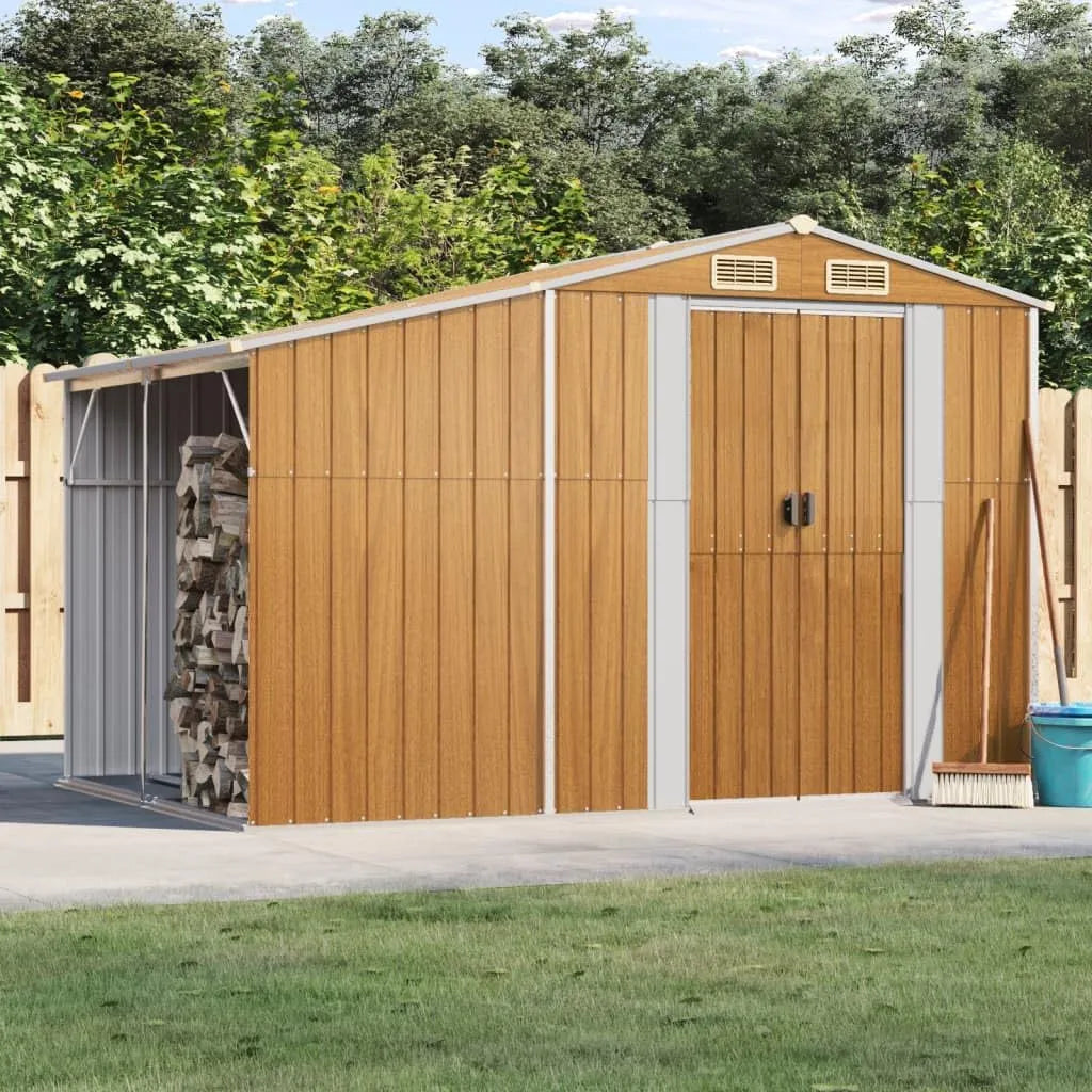 Abri de jardin, dimensions 277 x 192,5 x 179 cm, avec porte-bois, en acier galvanisé, pour extérieur, avec portes, marron clair, cabane en métal