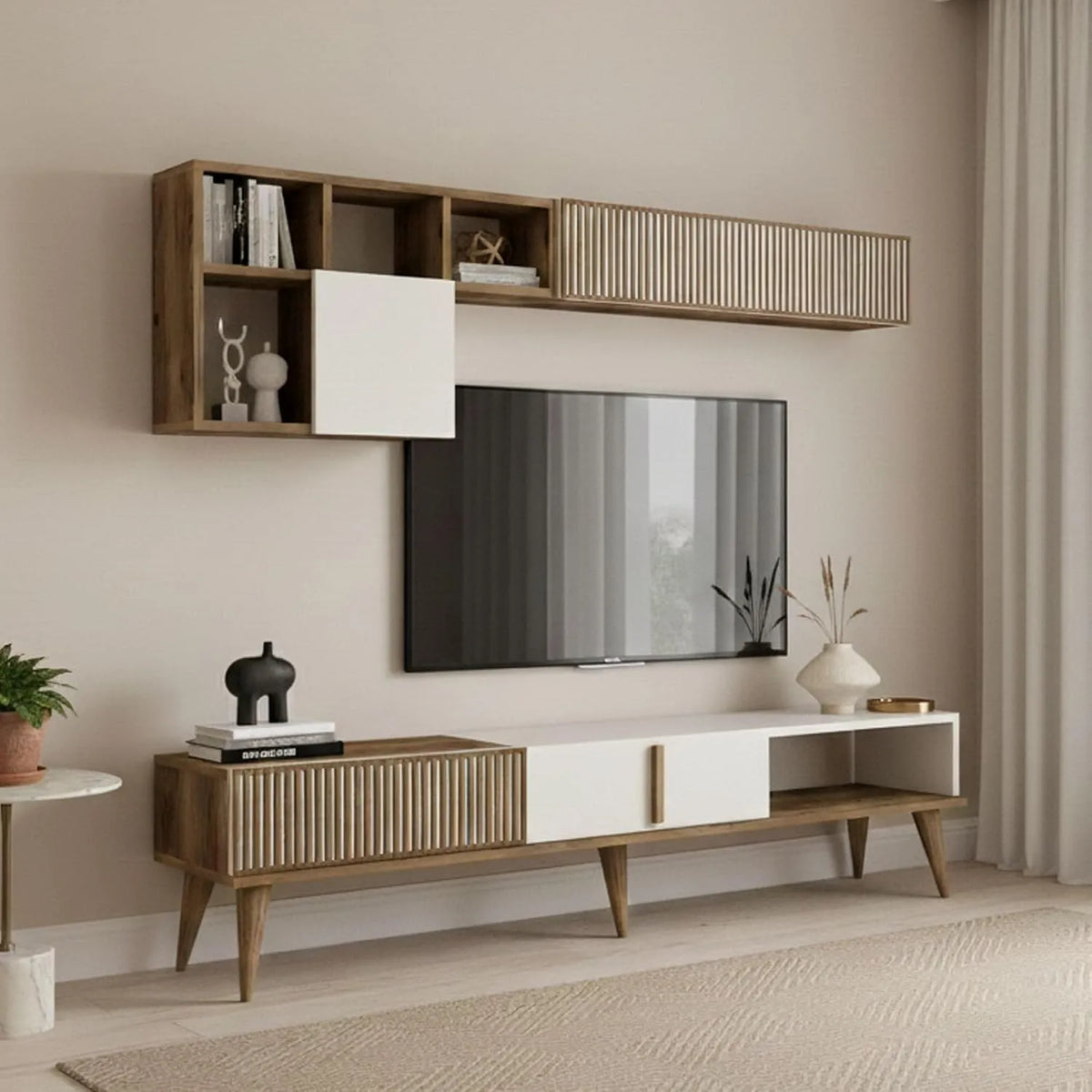 Modèle h40 Dmora, Meuble télé, dimensions 180x35 cm, Meuble Mural Kepler, Composition du Salon, Meubles de Salon Polyvalents, Noyer et Crème