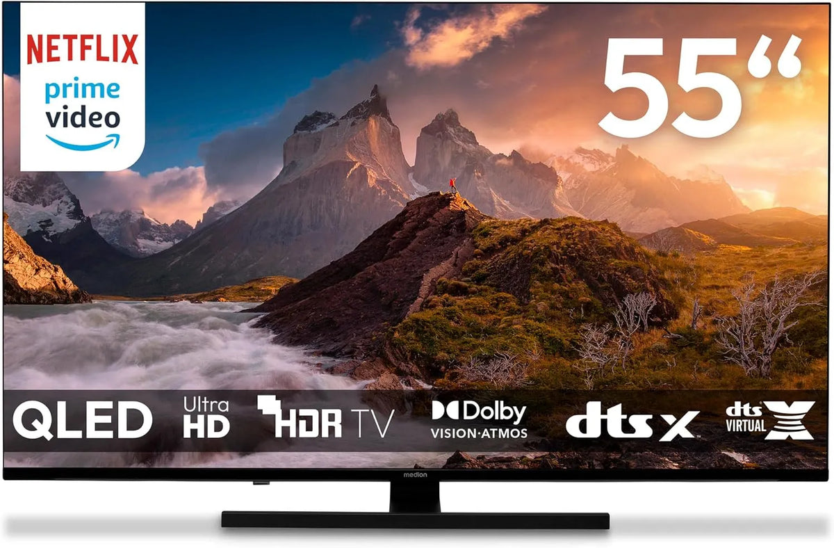 Smart TV 855700, MEDION TV 55 Pouces, largeur 138,8 cm, 4K, QLED Television, Dolby Vision HDR, Prime Video, Disney+, Dolby Atmos