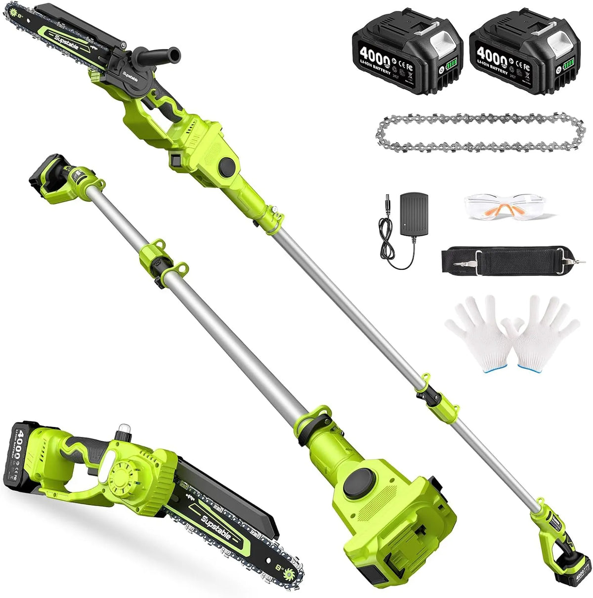 Tronçonneuse, Mini 800W avec Lubrification Automatique, Supstable Élagueuse sur Perche 2-en-1 8 Pouces, Portée jusqu'à 4,8 m pour