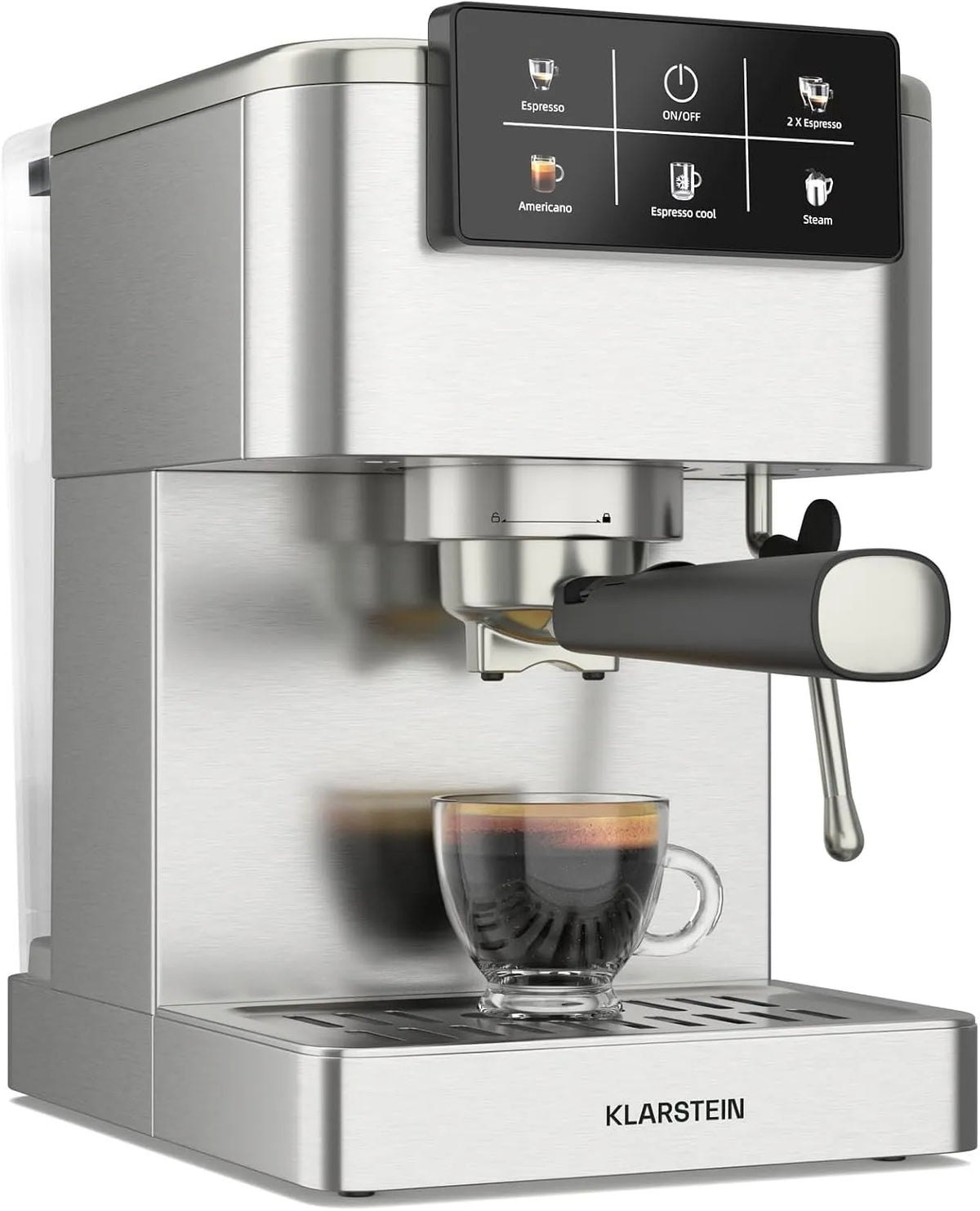 Klarstein machine à café, puissance 1350W, SteelPresso Touch Grain, Mousseur de Lait, Expresso & Cappuccino, 20 Bars, Réservoir 1.5L, Écran Tactile