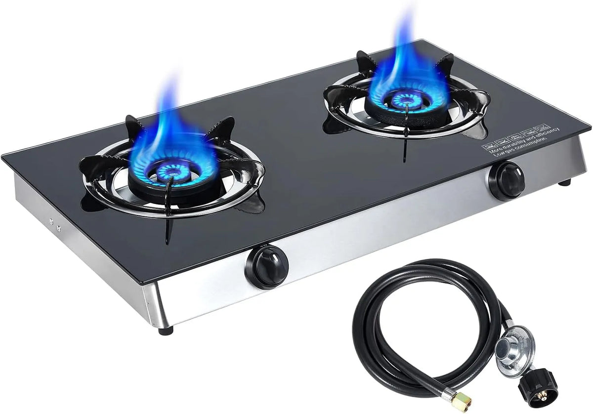Table de cuisson, 19 000 BTU, régulateur et tuyau certifiés CSA, à gaz propane à 2 brûleurs, pour camping