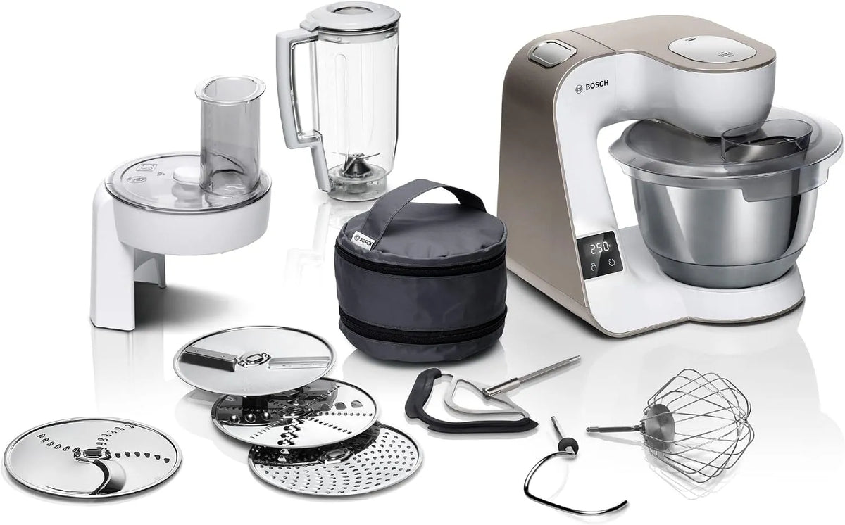 Bosch robot pâtissier MUM5XW20, 10 accessoires, Machine puissante 1000 W pour mélanger, 7 niveaux de vitesse + turbo, Balance intégré
