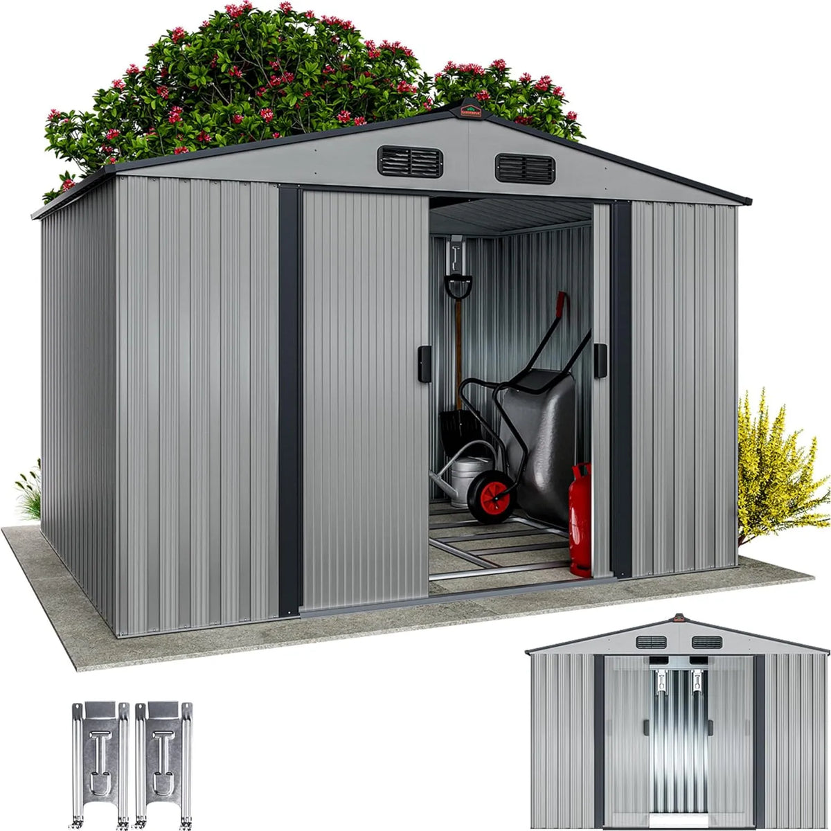 Abri de jardin, métal XXL 5m² Fondation 260x205x180cm Porte coulissante finition grise-métallique cabane de Jardin cabanon de Jardin 9m³