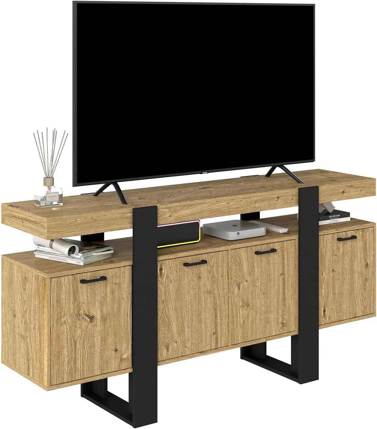 Meuble TV, Meuble Télé Style Industriel, dimensions 160x40x80cm, finition noire et Bois, Chambre, Meuble Rangement avec 2 Tiroirs & 2 Portes