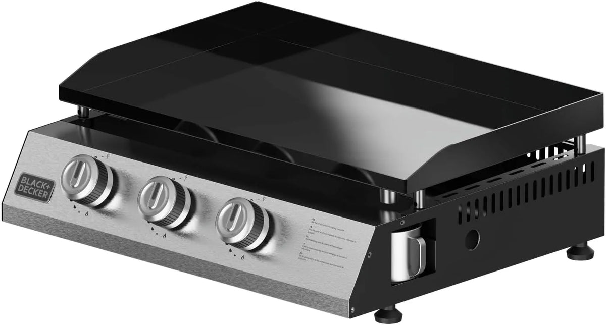 Black+Decker plaque de cuisson BXOP7350F, Plancha à gaz 3 brûleurs 2,45 kW, Surface cuisson 580x360 mm, 12 personnes, acier émaillé, Nettoyage facile