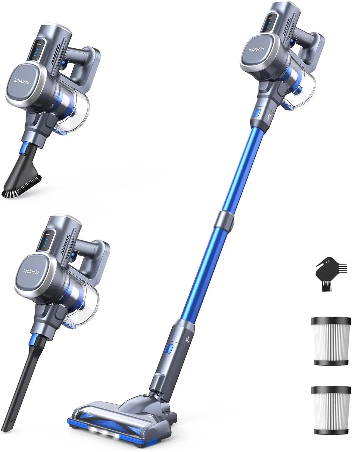 Aspirateur balai, Lubluelu 202 sans Fil avec Balais électriques Puissant 27KPa, 50min d'Autonomie, Facilité de Nettoyage, Bleu, puissance 220W, Léger