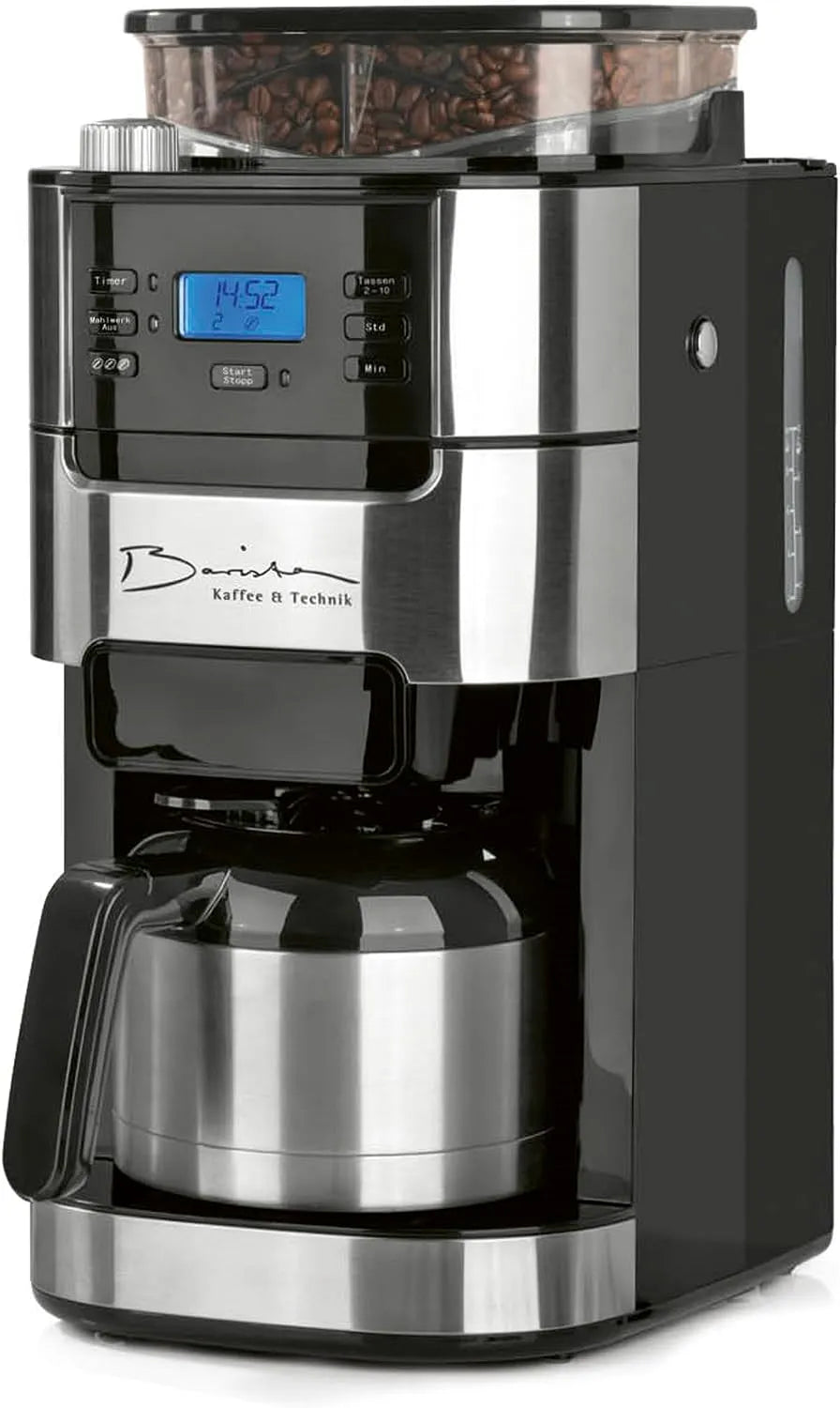 Cafetière Barista, Filtre avec verseuse Isotherme 1L pur 12 tasses de café, Machine a cafe grain avec broyeur et écran digital, Fonction de minuterie