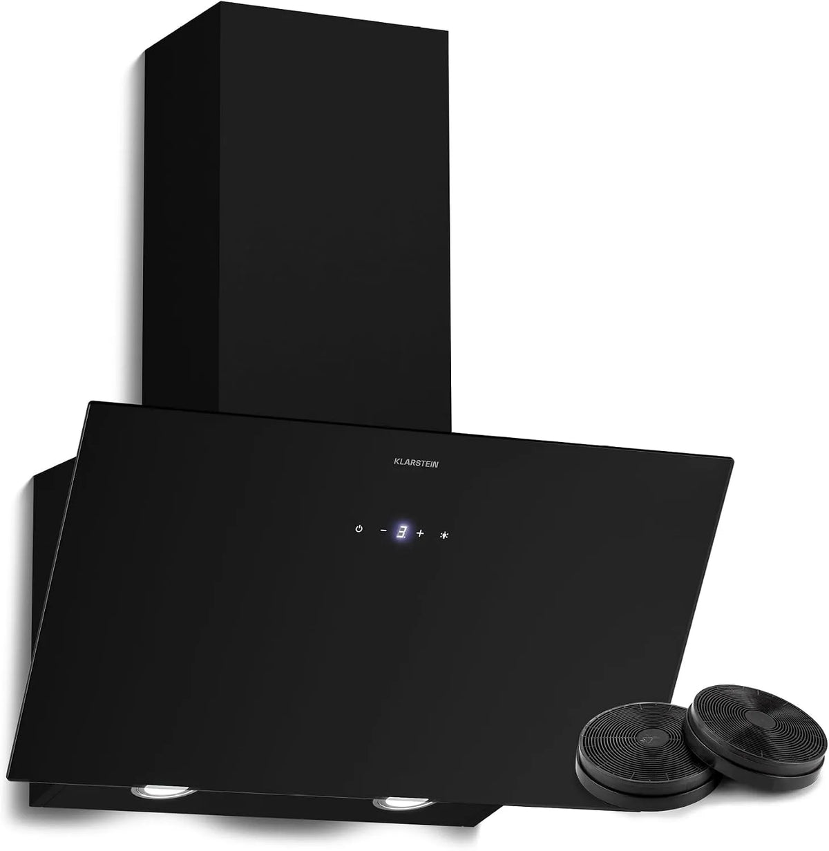 Klarstein hotte aspirante, Laurel 60 cm, Hotte Décorative Inclinée, 417 m³/h, 3 niveaux de vitesse & Boost, Hotte Cuisine Verre finition noire