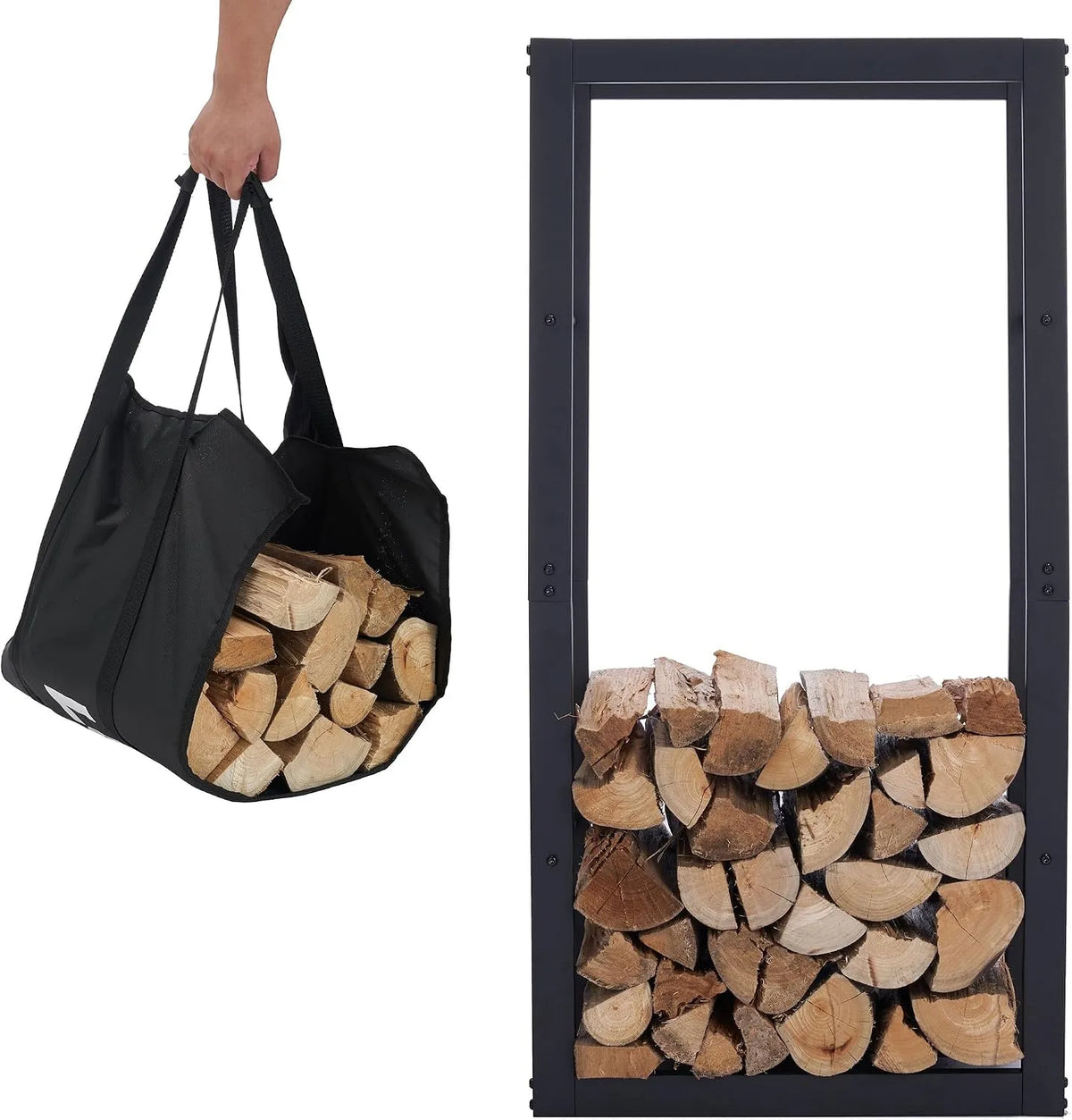 Chauffage + sac de transport Porte-bois de, Rangement en bois de cheminée, dimensions 50x25x100cm, Porte-Bûches, Métal, finition noire