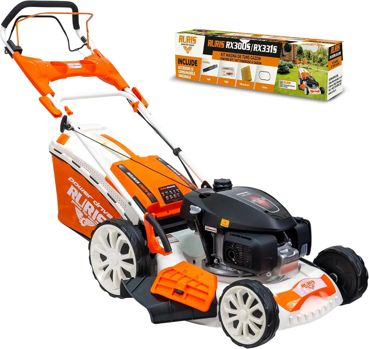 Tondeuse à gazon RX444S RURIS, 510 mm, Sac 65 L, Moteur Honda 4,6 CV, 5 Fonctions: Ramassage, Thermique, Éjection Arrière et Latérale, Mulching