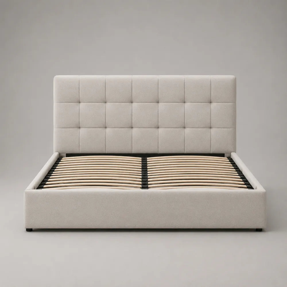 Lit coffre double en tissu polyester beige avec tête de lit capitonnée 160 x 200 cm structure rembourrée