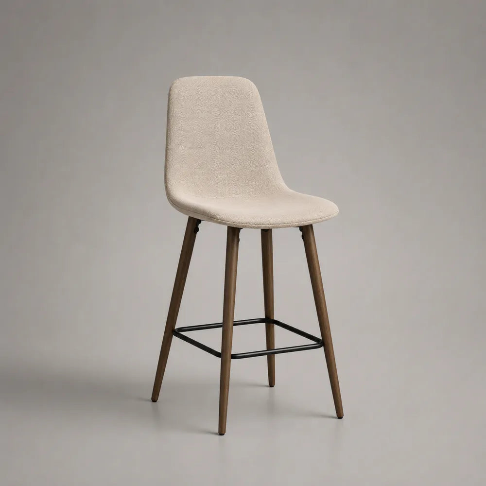 Tabouret de bar 48x52x98 cm avec dossier en polyester beige pieds en bois brun et repose-pieds en acier noir