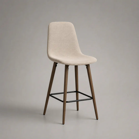 Tabouret de bar 48x52x98 cm avec dossier en polyester beige pieds en bois brun et repose-pieds en acier noir