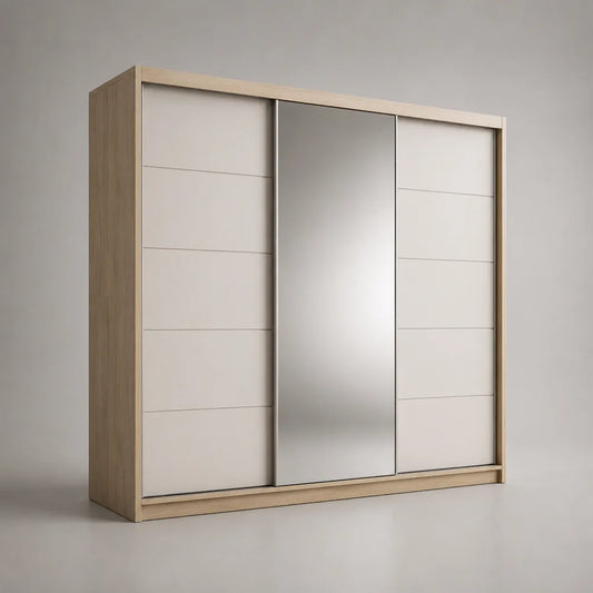 Armoire à portes coulissantes avec miroir central en MDF effet bois clair 240 x 60 x 220 cm
